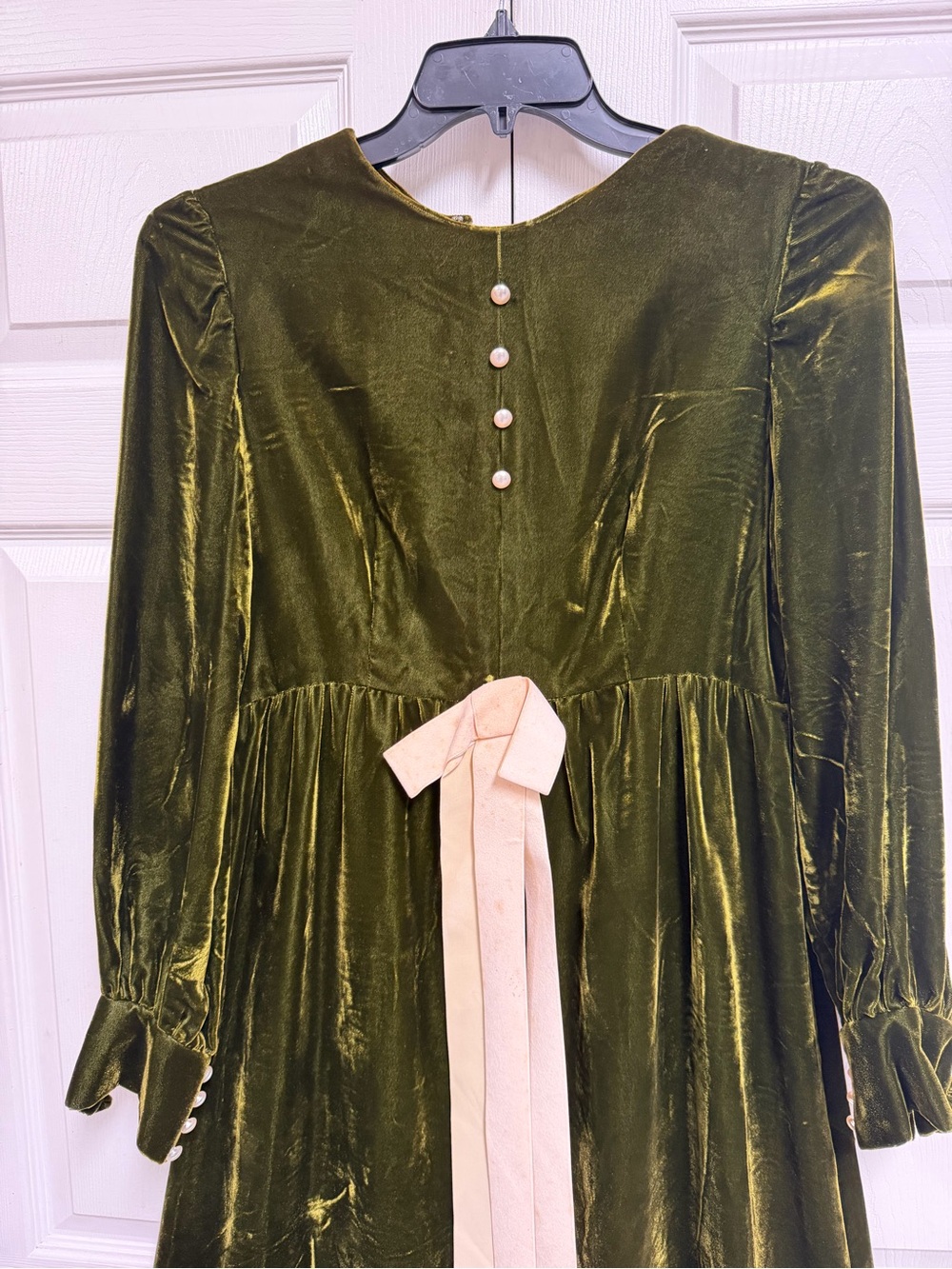 Olive Green Velvet Long Sleeve Maxi Dress with Cream Bow Vintage Size M - Picture 4 of 15